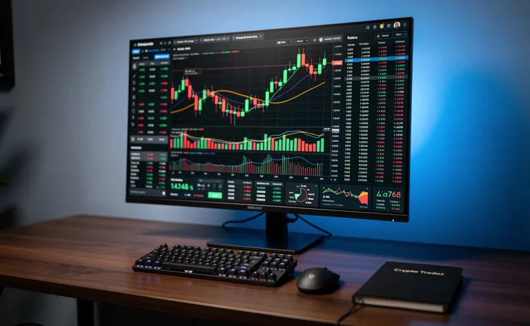 Écran d’ordinateur affichant des graphiques Heikin Ashi colorés et des outils de trading sur un bureau en bois éclairé d’une lumière bleutée.