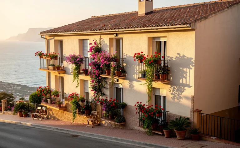 Petit immeuble espagnol ensoleillé avec toit en terre cuite et balcons fleuris surplombant la côte méditerranéenne.