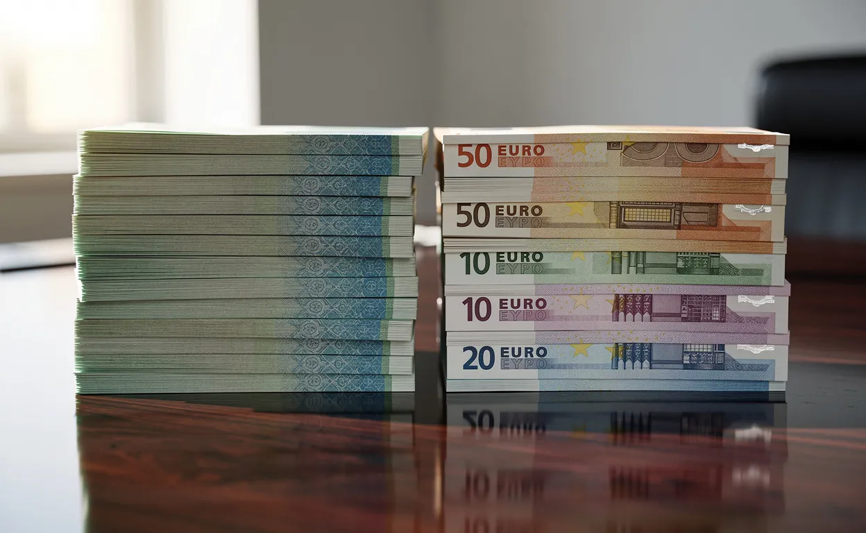 Deux piles alignées de billets de banque, l’une en wons coréens et l’autre en euros, posées sur un bureau brillant sous la lumière du jour.