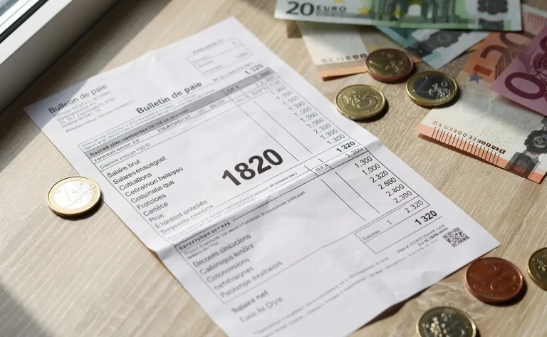 Fiche de paie française posée sur un bureau en bois clair avec des pièces et billets en euros, chiffres 1820 en évidence et un net plus bas.