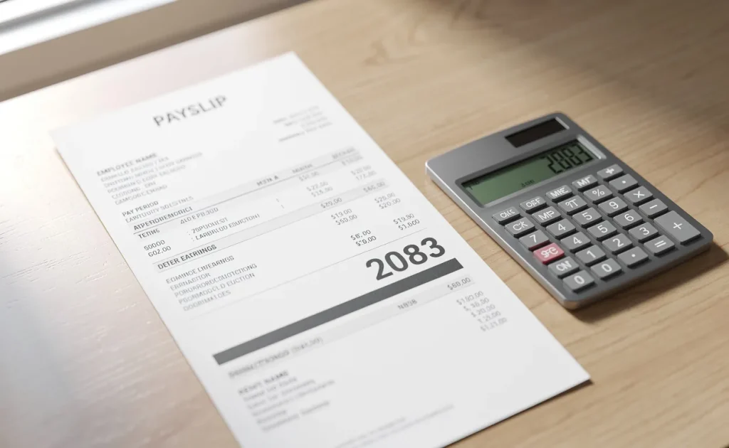 Un bulletin de paie avec le nombre 2083 en évidence repose sur un bureau en bois clair à côté d’une calculatrice, sous une lumière de jour douce.