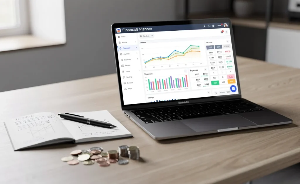 Un ordinateur portable affiche une interface de calculatrice financière avec des graphiques, posé sur un bureau moderne à côté d’un carnet et de quelques pièces sous une lumière naturelle douce.