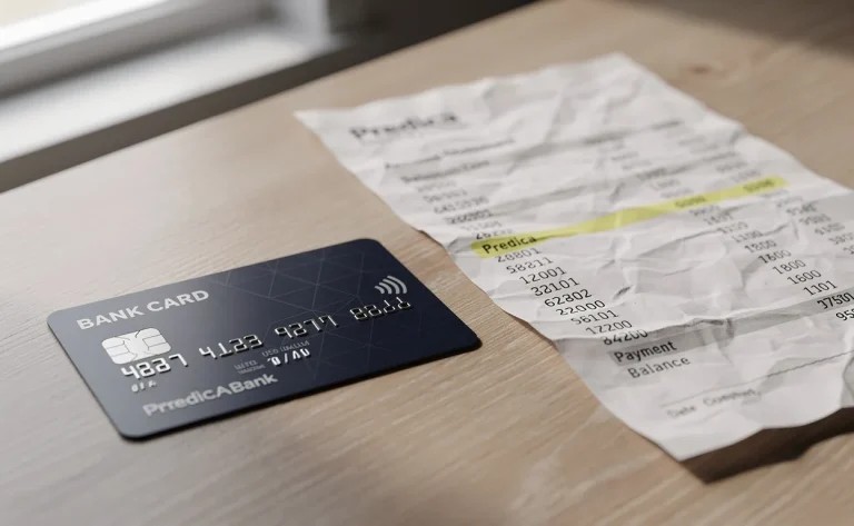 Une carte bancaire repose sur une table en bois à côté d’un relevé imprimé où figure une transaction "Predica" surlignée.