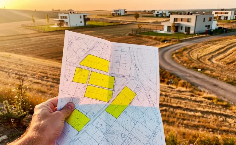 Une main tient une carte imprimée montrant des parcelles surlignées devant un paysage de terrains découpés et de maisons modernes sous une lumière dorée.