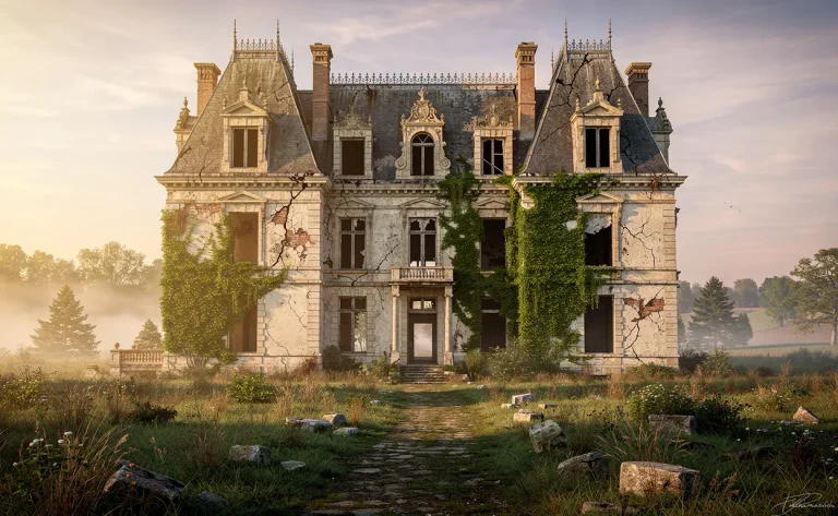 Un château français abandonné envahi de lierre se dresse sous une lumière dorée du soir avec quelques fenêtres vides et un léger brouillard à l’arrière-plan.