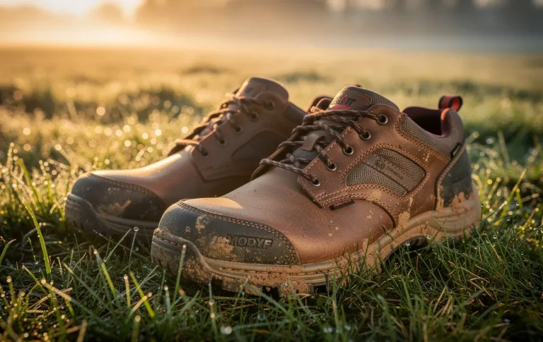 Chaussures de travail Modyf posées sur de l’herbe couverte de rosée au lever du soleil, avec des textures terreuses et des éclaboussures de boue.