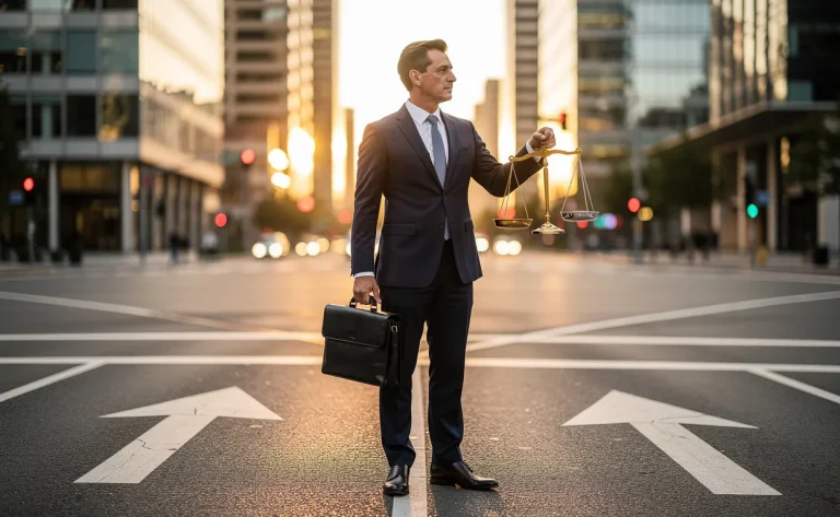 Un professionnel élégant se tient à un carrefour, tenant une mallette et une balance dorée et argentée devant une ville éclairée.