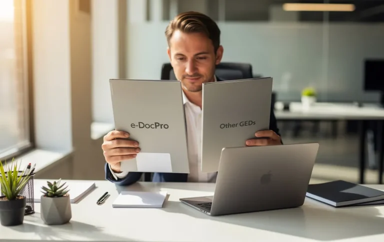 Une personne examine deux dossiers marqués e-DocPro et autres GEDs sur un bureau moderne, avec un ordinateur portable ouvert et la lumière du soleil entrant par la fenêtre.