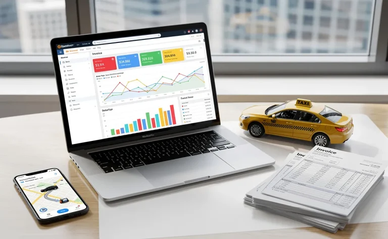 Un bureau d’expert-comptable moderne avec un ordinateur portable affichant des graphiques financiers, une miniature de taxi près de factures empilées et un smartphone ouvert sur une application de covoiturage, éclairé par la lumière du jour.