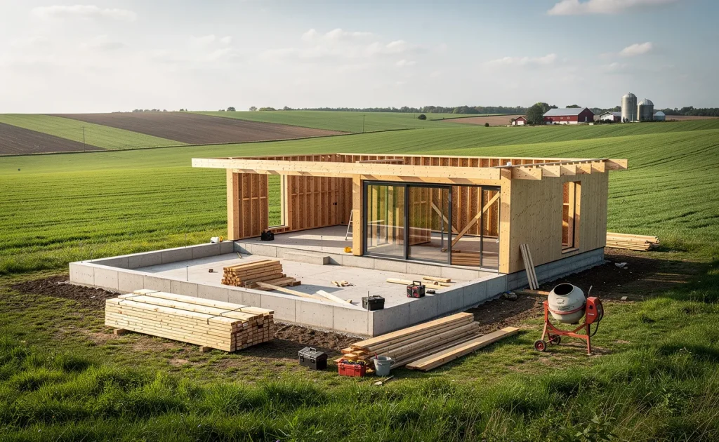 Une petite maison moderne en construction se dresse sur un vaste champ verdoyant avec des paysages agricoles au loin sous un ciel clair d'après-midi.