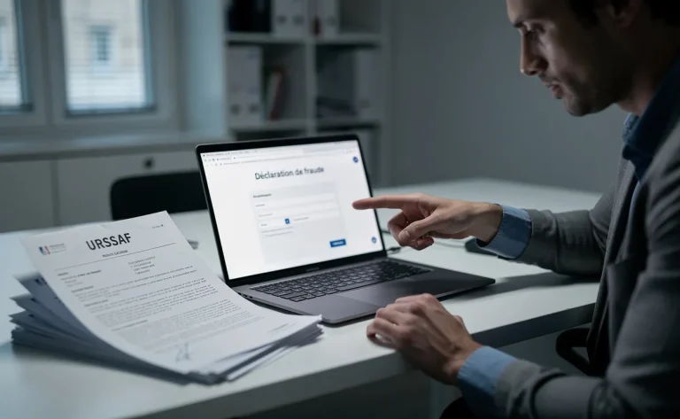 Un bureau sobre où une personne montre une pile de documents URSSAF à côté d’un ordinateur affichant un formulaire de signalement de fraude.