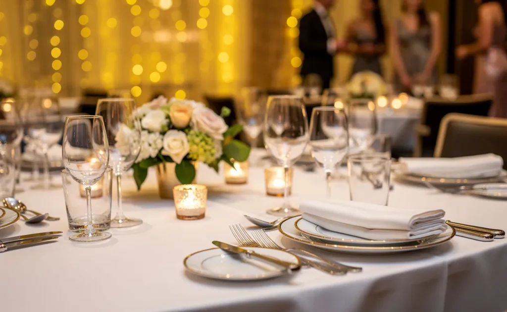Table de dîner d’entreprise décorée avec des verres étincelants, des touches dorées et des lumières féeriques en arrière-plan dans une ambiance chaleureuse.