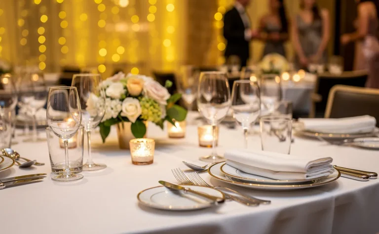 Table de dîner d’entreprise décorée avec des verres étincelants, des touches dorées et des lumières féeriques en arrière-plan dans une ambiance chaleureuse.