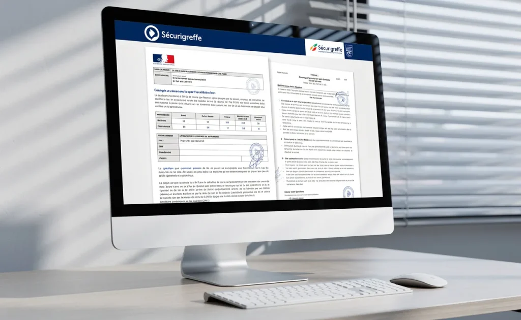 Un écran d’ordinateur affiche des documents officiels avec le logo Sécurigreffe dans un bureau moderne éclairé par la lumière filtrée des stores.