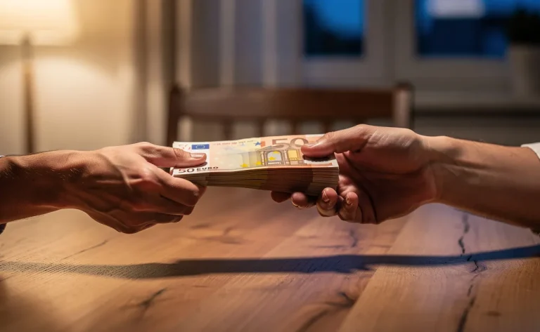 Deux mains échangent une liasse de billets d’euros sur une table en bois dans une maison chaleureuse, sous une lumière tamisée du soir.