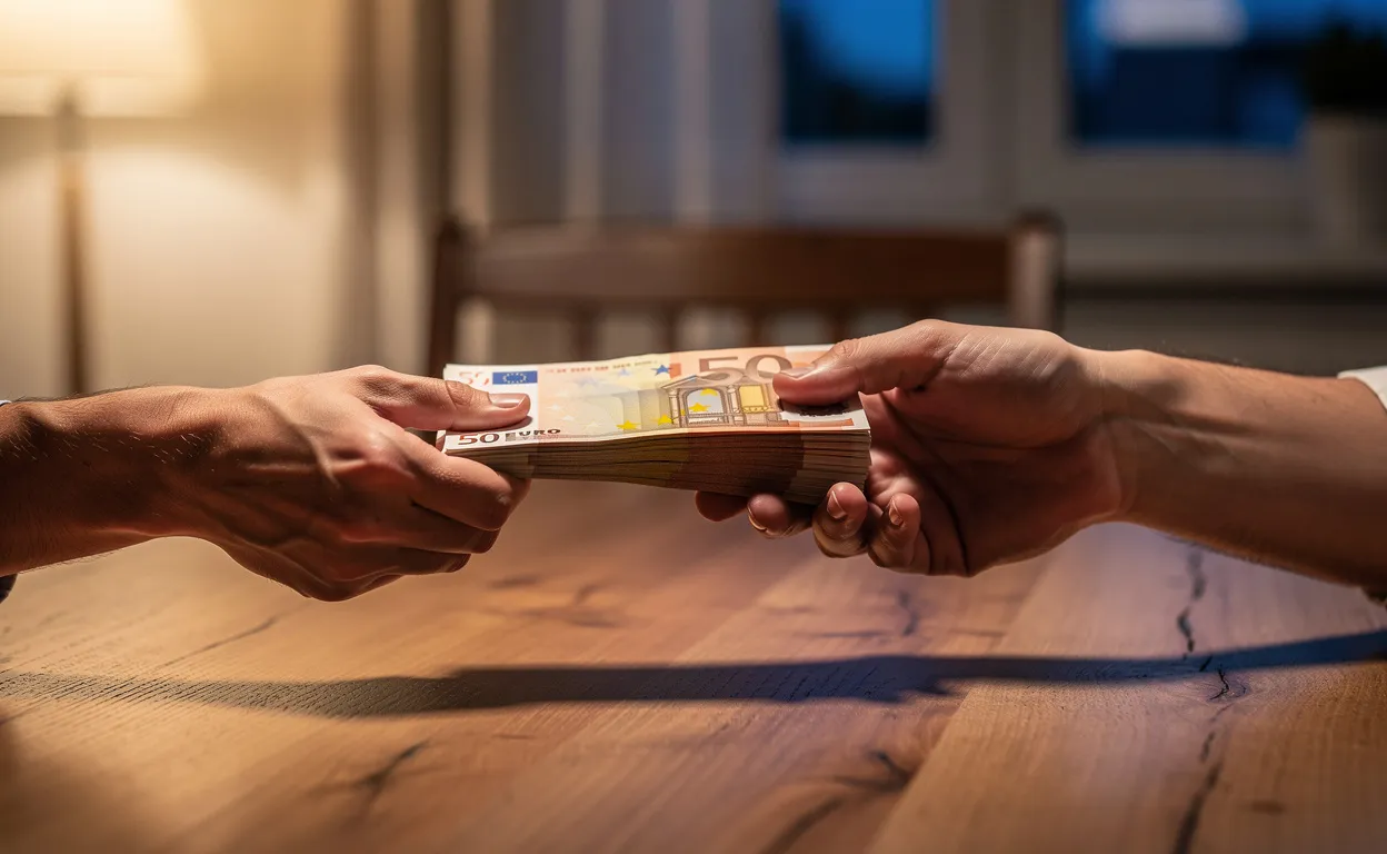 Deux mains échangent une liasse de billets d’euros sur une table en bois dans une maison chaleureuse, sous une lumière tamisée du soir.