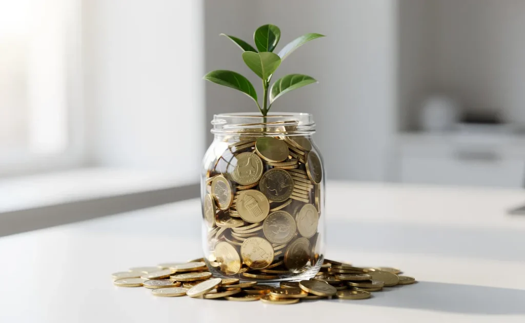 Un pot en verre rempli de pièces brillantes avec une jeune plante verte qui en sort, posé sur un bureau éclairé par une lumière naturelle.
