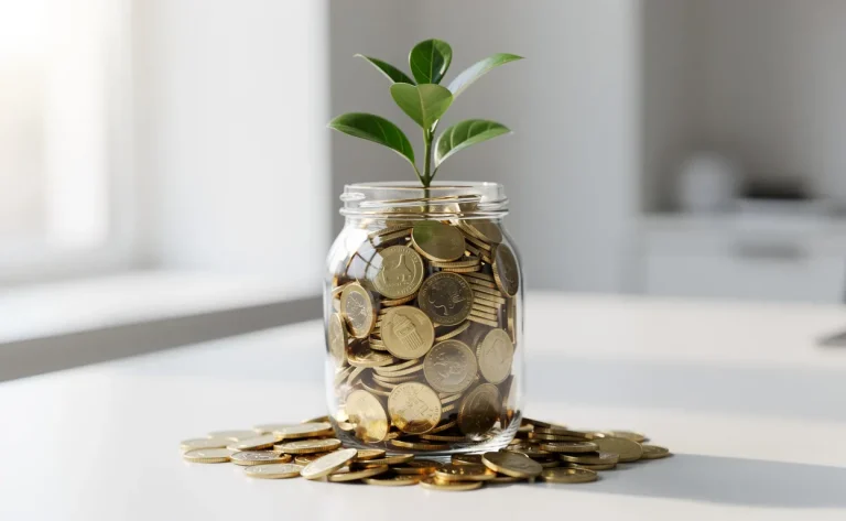Un pot en verre rempli de pièces brillantes avec une jeune plante verte qui en sort, posé sur un bureau éclairé par une lumière naturelle.