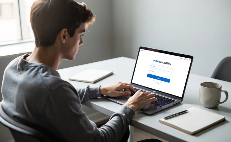 Un étudiant assis à un bureau moderne travaille sur un ordinateur portable affichant la page de connexion du bureau virtuel de l’URCA, baigné par une lumière naturelle.