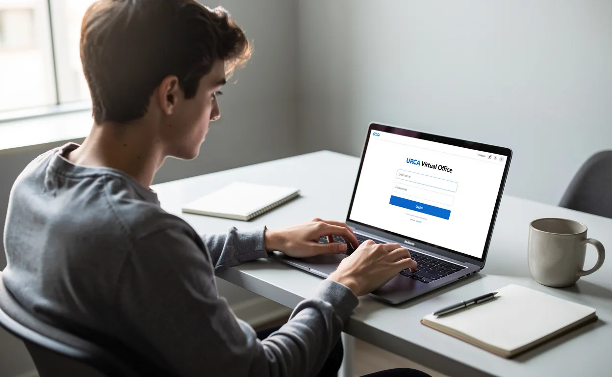 Un étudiant assis à un bureau moderne travaille sur un ordinateur portable affichant la page de connexion du bureau virtuel de l’URCA, baigné par une lumière naturelle.