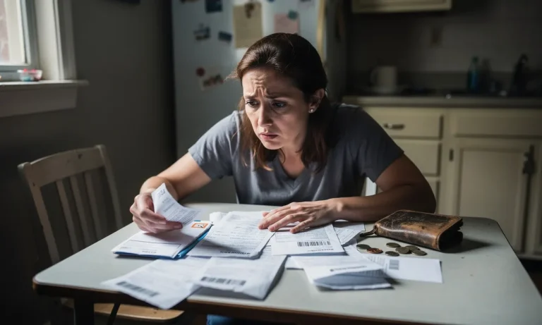 Une femme soucieuse examine des factures sur une table de cuisine près d’un vieux portefeuille, éclairée par la lumière du jour venant d’une fenêtre.