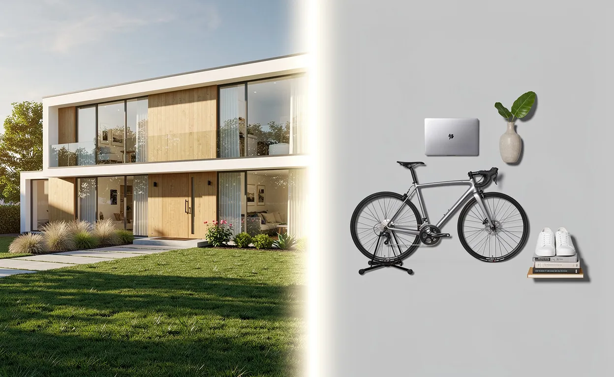 Une maison moderne avec une cour verdoyante est séparée par un rayon de soleil d’un ensemble d’objets personnels soigneusement disposés.