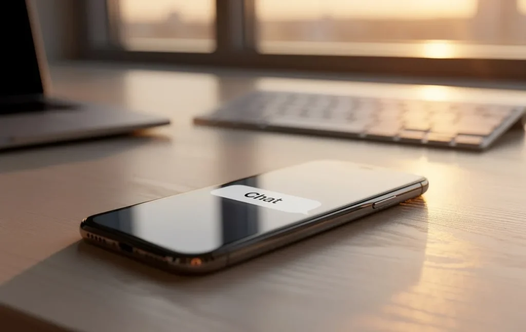 Un smartphone posé sur un bureau moderne affiche un court message de quatre lettres, éclairé par la lumière dorée du coucher de soleil.