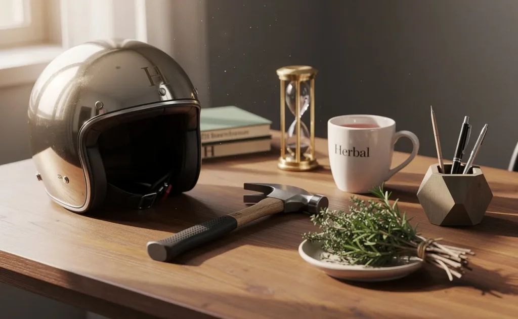 Un bureau élégant baigné de lumière matinale accueille un casque, un marteau et une herbe disposés avec soin.