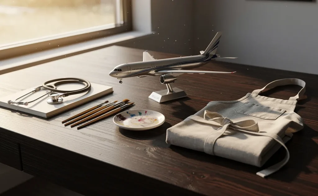 Un bureau en bois sur lequel sont disposés un stéthoscope, un pinceau, un modèle d’avion et un tablier sous la lumière matinale.