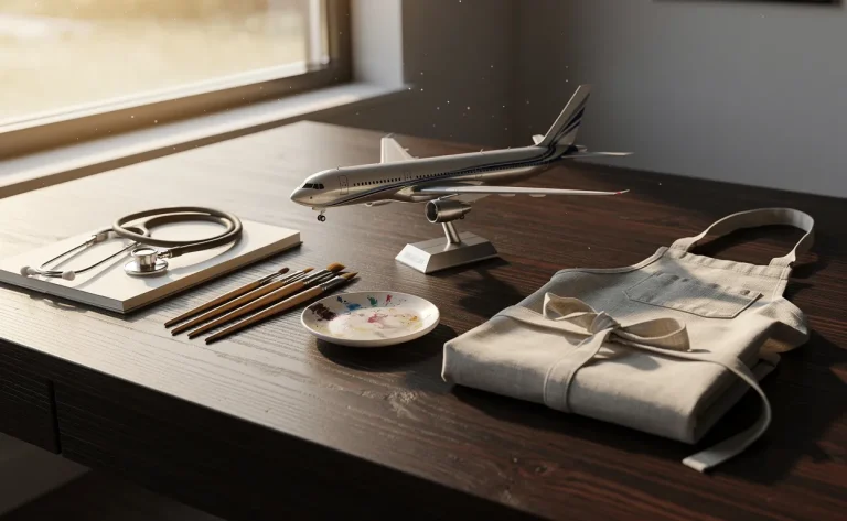 Un bureau en bois sur lequel sont disposés un stéthoscope, un pinceau, un modèle d’avion et un tablier sous la lumière matinale.