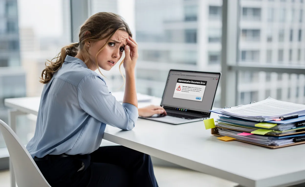 Jeune femme confuse devant un ordinateur affichant un message d’erreur sur des documents administratifs, avec une pile de papiers à côté et la lumière du jour entrant par la fenêtre d’un bureau moderne.
