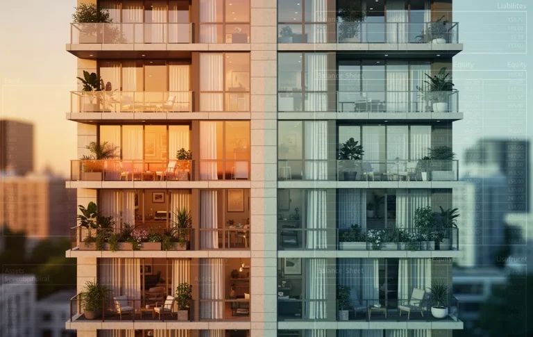 Façade d’un immeuble moderne en deux parties, avec une moitié dorée illustrant la pleine propriété et l’autre aux tons froids pour l’usufruit, le tout superposé de feuilles comptables translucides.