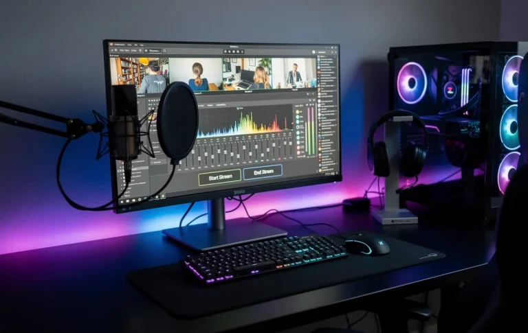 Un bureau moderne avec un ordinateur affichant un logiciel de streaming, accompagné d'un microphone, d'un casque et d'éclairages LED colorés.
