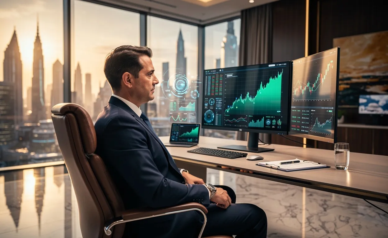 Un professionnel assis seul dans un bureau luxueux observe des graphiques boursiers numériques sur des écrans modernes avec une vue panoramique sur la ville au coucher du soleil.