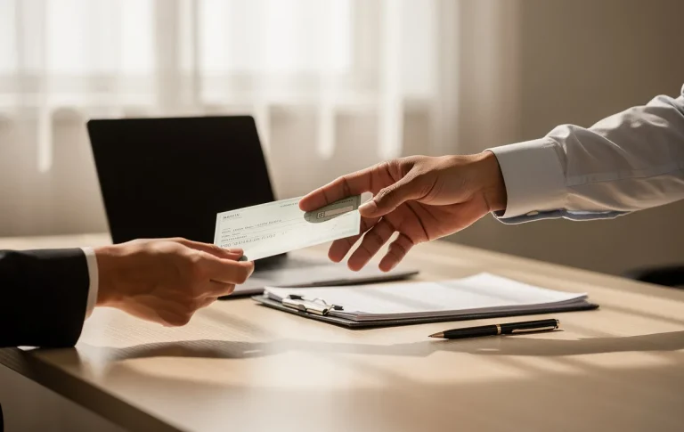 Une main repousse doucement un chèque qu'une autre main lui tend sur un bureau professionnel éclairé par la lumière du jour.
