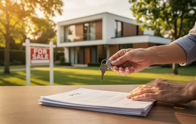 Une maison moderne à vendre avec une paire de mains échangeant des clés au-dessus d’un document marqué PTZ sous une lumière ensoleillée.