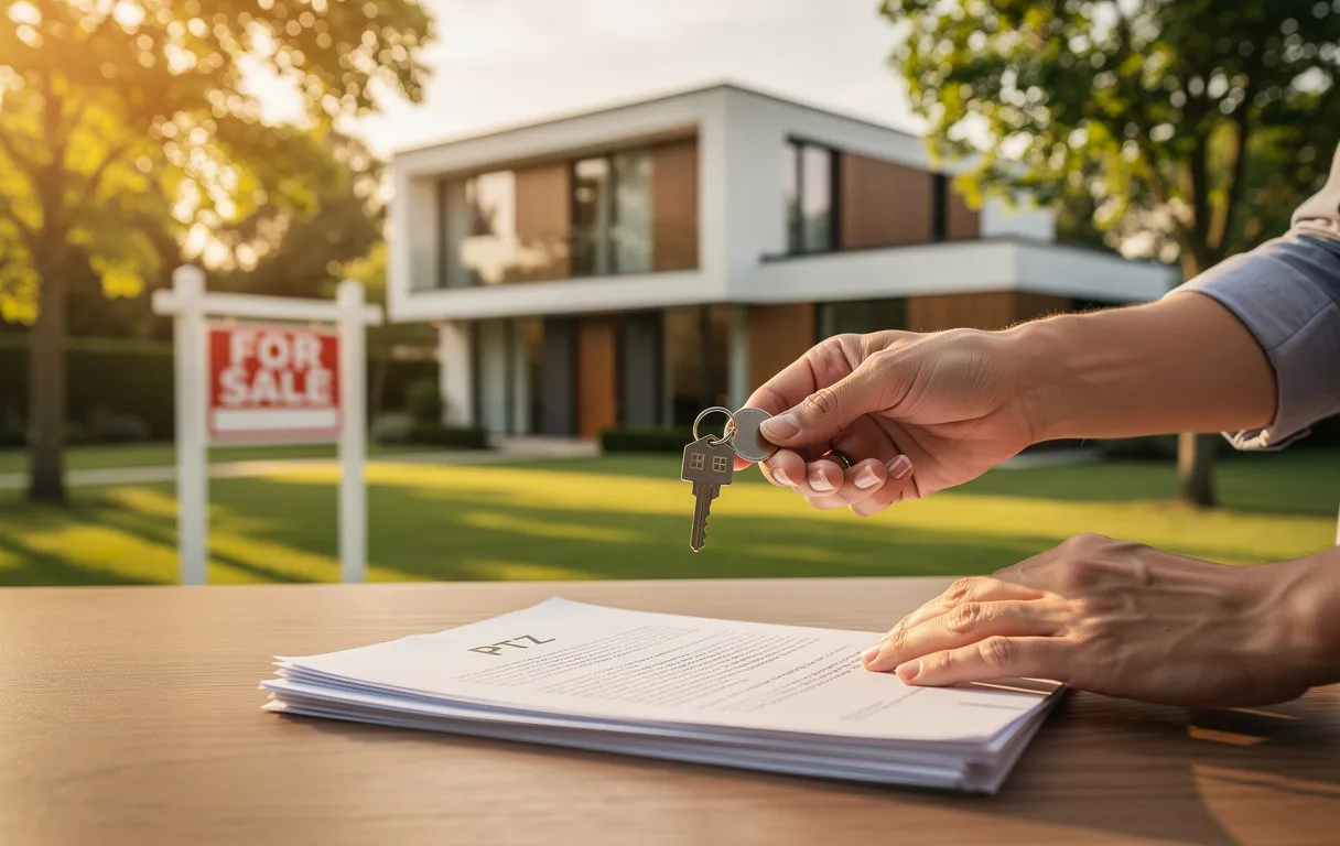 Une maison moderne à vendre avec une paire de mains échangeant des clés au-dessus d’un document marqué PTZ sous une lumière ensoleillée.