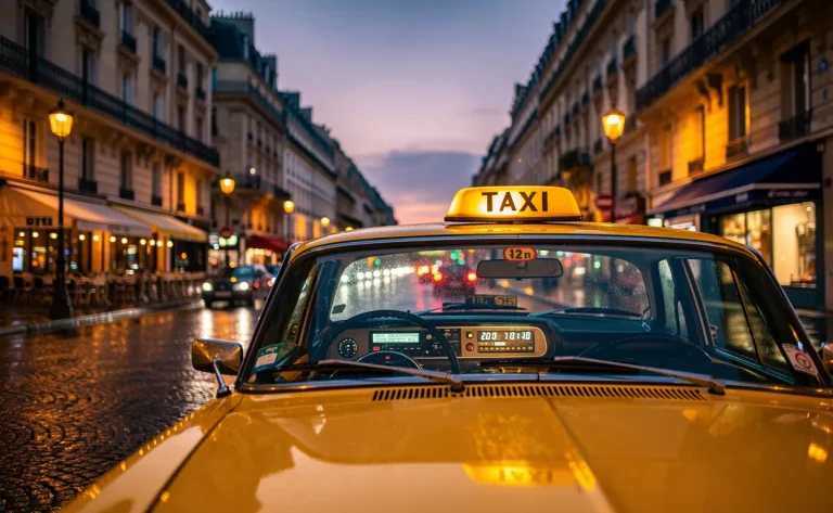 Un taxi jaune roule sur un boulevard urbain en France, longeant des bâtiments emblématiques au crépuscule avec le compteur affichant un trajet de 20 km.