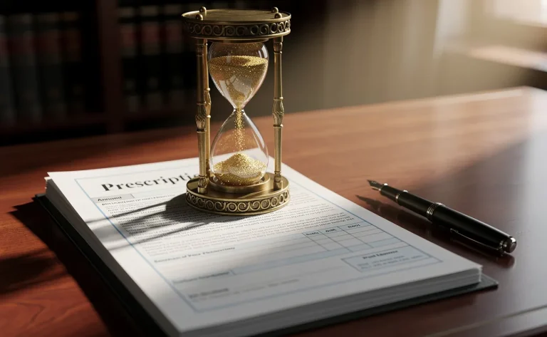 Un sablier ancien posé sur des documents juridiques intitulés "prescription", éclairé par un rayon de soleil sur un bureau élégant.