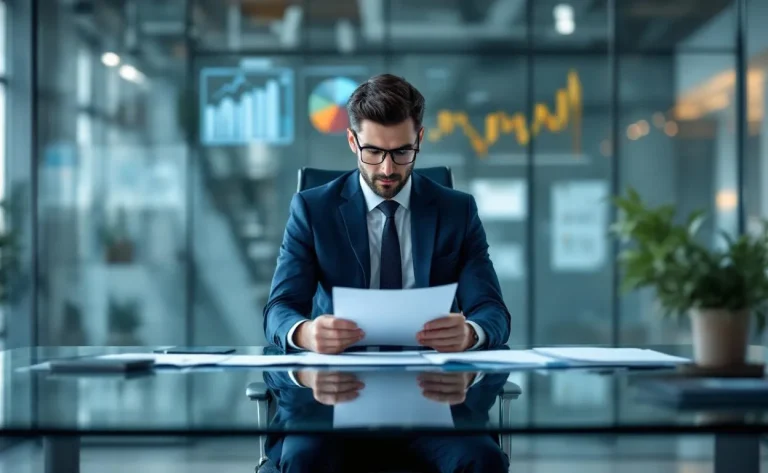 Un professionnel examine des graphiques et des documents de recrutement dans un bureau moderne éclairé par la lumière du jour avec une vue sur la ville.