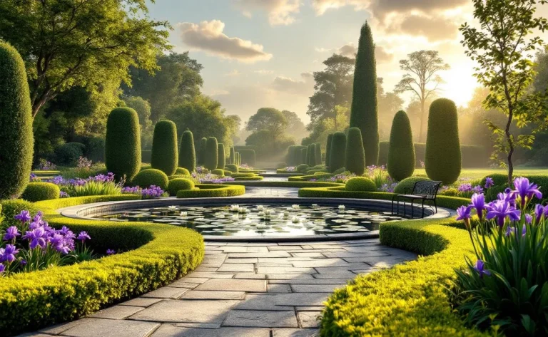 Un jardin paysager français avec des allées en pierre, un bassin d’eau orné de nénuphars et des arbustes taillés sous une lumière dorée.