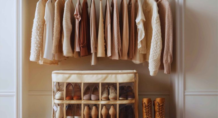 Penderie minimaliste avec vêtements neutres organisés pour la méthode BISOU