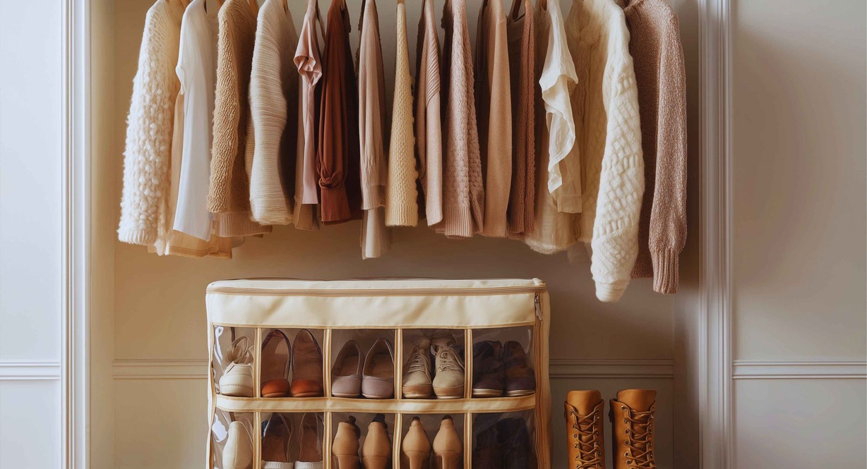 Penderie minimaliste avec vêtements neutres organisés pour la méthode BISOU