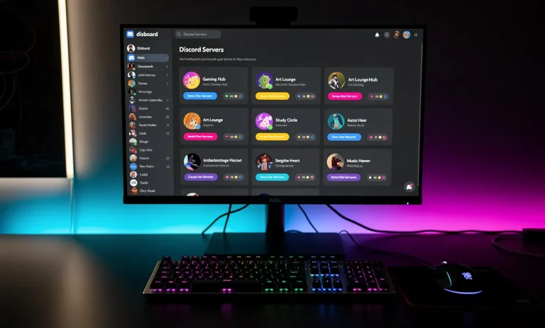 Un écran d’ordinateur lumineux affiche une liste de serveurs Discord sur Disboard, avec un clavier moderne au premier plan et des reflets colorés d’éclairage RGB dans une pièce sombre.