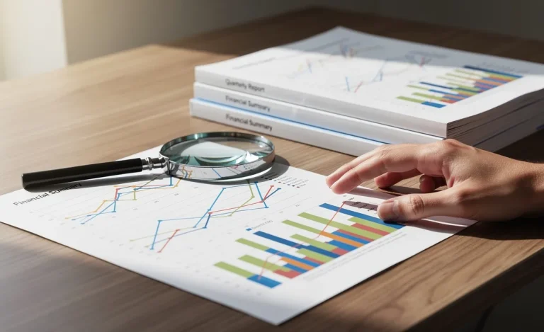 Une main examine des graphiques financiers colorés avec une loupe posée sur des rapports d’entreprise sur un bureau en bois éclairé par la lumière du jour.