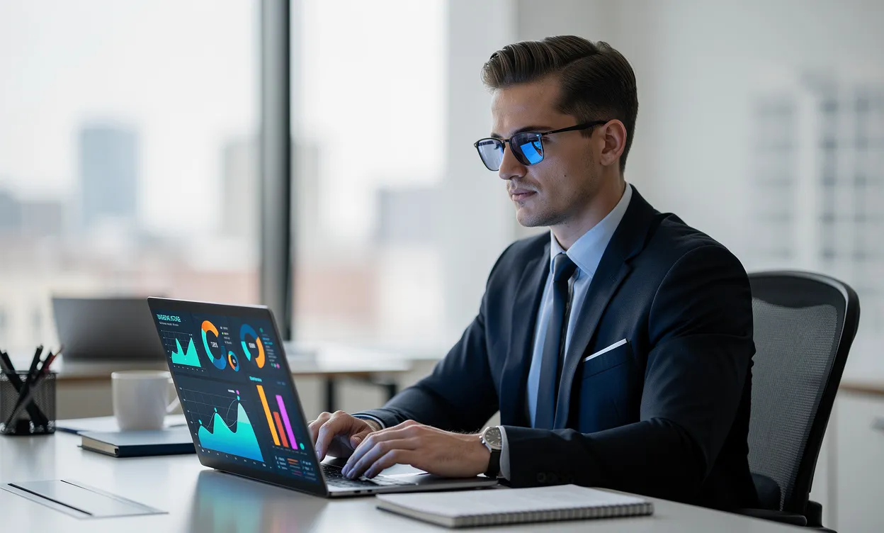 Un professionnel consulte des tableaux de bord de données sur un ordinateur portable dans un bureau moderne, avec des graphiques colorés reflétés dans ses lunettes.