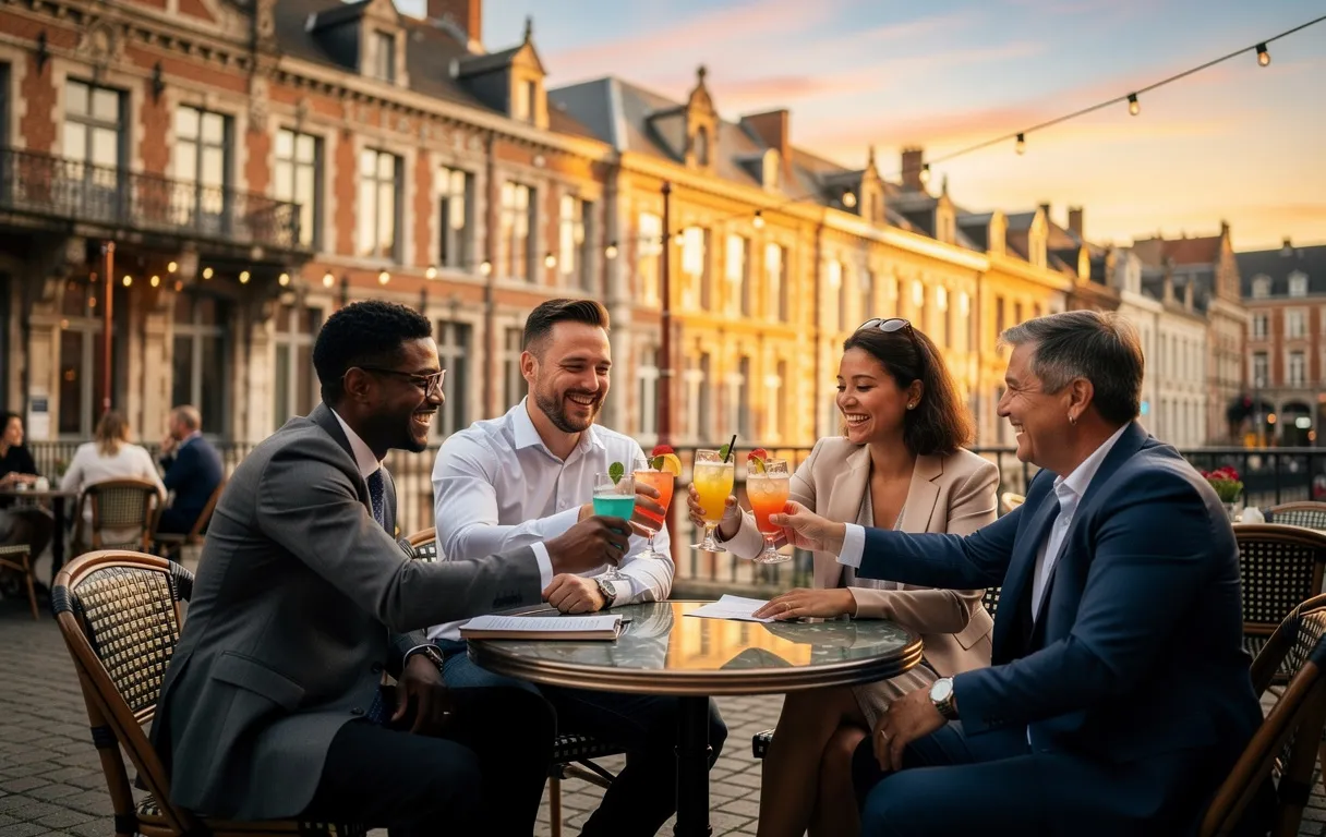 Des collègues partagent des cocktails en riant sur une terrasse animée de Lille au coucher du soleil, entourés de bâtiments en briques baignés de lumière dorée.