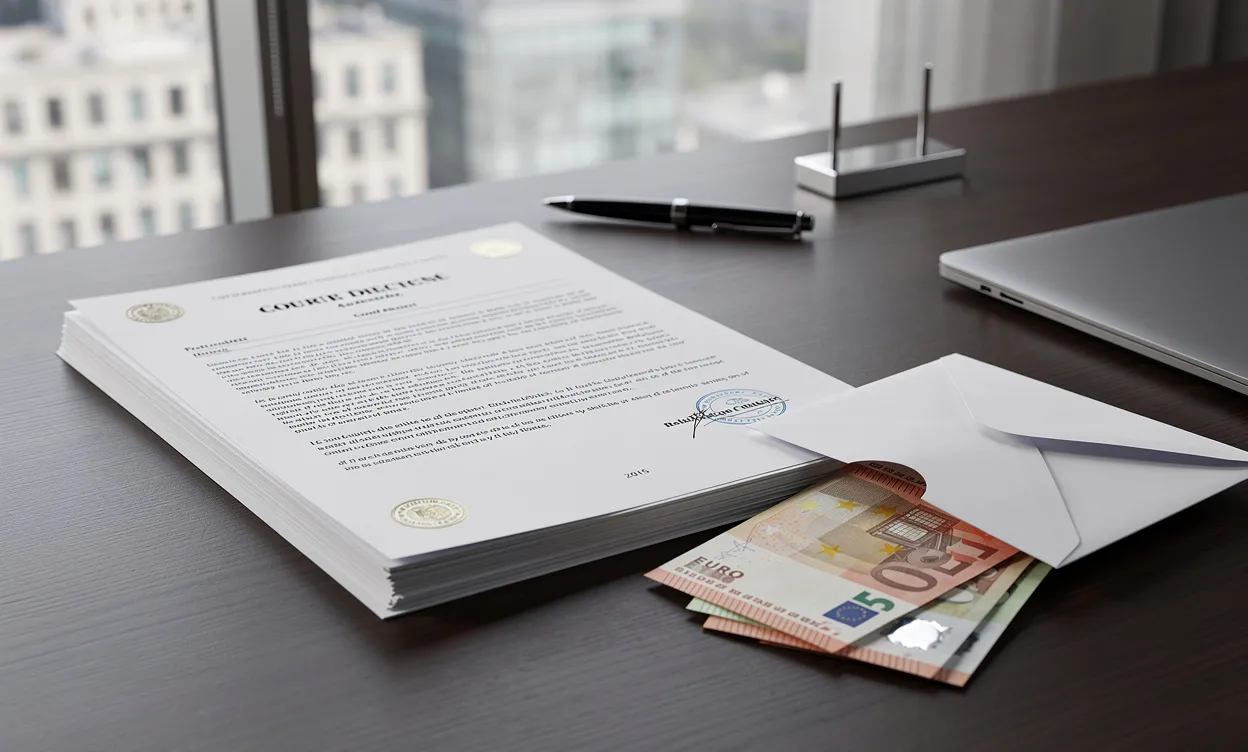 Un bureau formel éclairé par la lumière du jour montre une pile de documents juridiques et une enveloppe ouverte contenant des billets en euros.