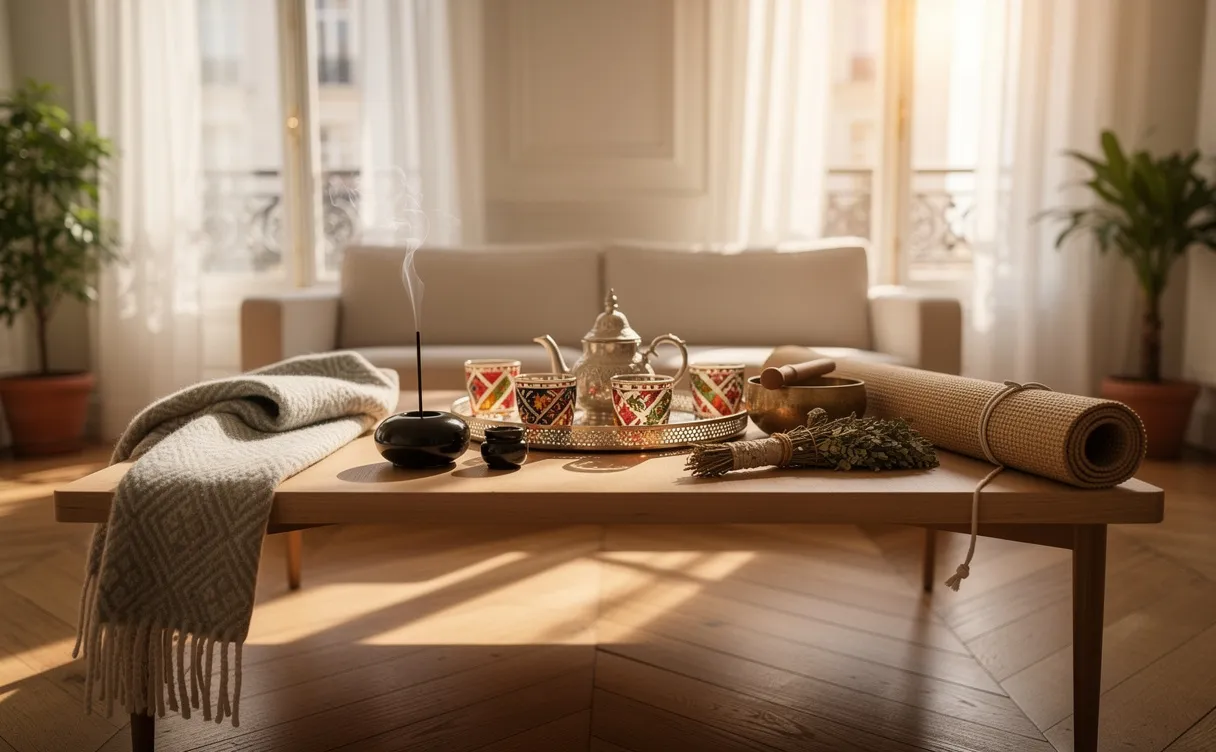 Salon français baigné de lumière douce, réunissant sur une table minimaliste des objets issus de traditions bien-être du monde entier, tels qu’un porte-encens japonais, une couverture scandinave, un tapis de yoga indien et un service à thé marocain.