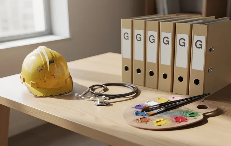 Un bureau en bois avec des dossiers marqués d’un G entourés d’un casque de chantier, d’un stéthoscope et d’une palette de peintre, sous une lumière naturelle.